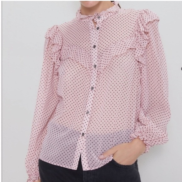 Zara Ruffled Red Polka Dot Pink Ruffle Sheer Blouse - Picture 1 of 10